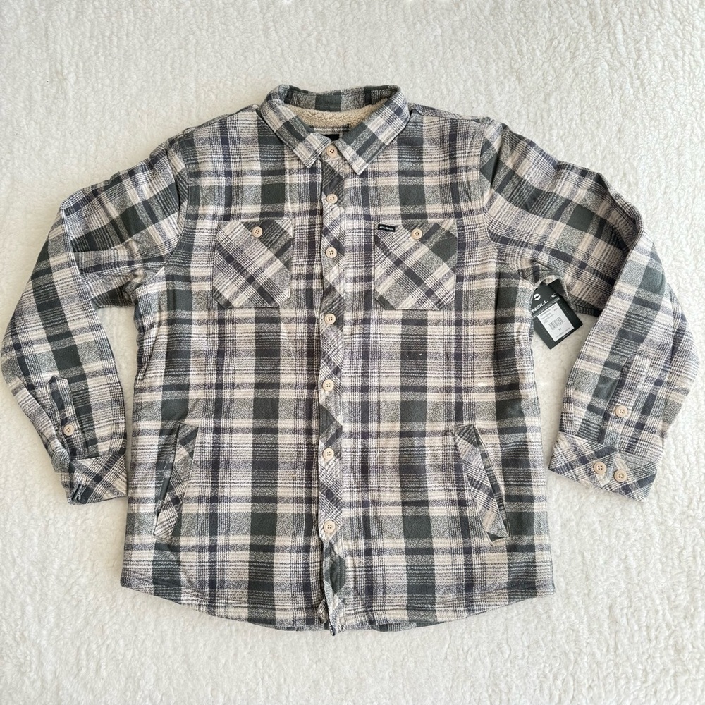 O'Neill Men's Gray and Cream Utility Shirt Jacket, Sherpa Lining, Size M